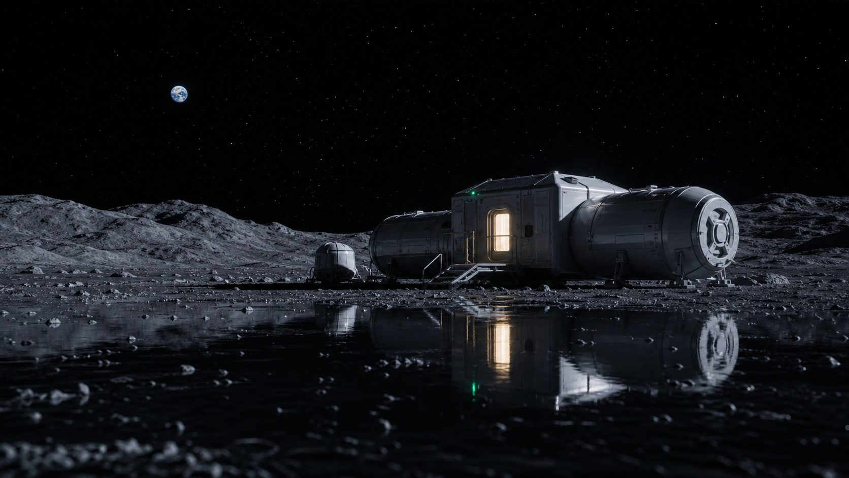 A modular lunar habitat on the moon with Earth above the horizon